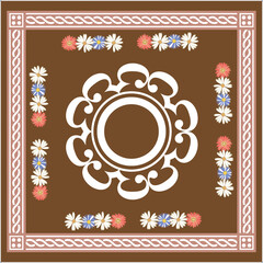 Design scarf with baroque border elements and with dark brown shape print.