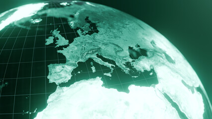 3D render of africa and europe globe map, Technology and Futuristic blue green line glowing Earth Background