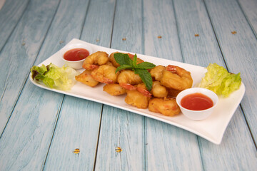 Recipe for shrimp fritters in sweet and sour sauce, High quality photo