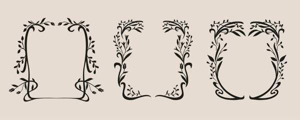 Art nouveau flower frame. Flower and leaf border, branch, wreath, garland decoration. Botanical vector illustration. Vintage antique classic floral graphic element.
