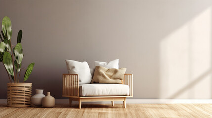 a white and wooden room with white couch and chair, in the style of modern urban, commission for, modern , shallow depth of field to emphasize the subject, taken using a Canon EOS R camera with