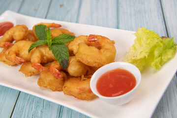 Recipe for shrimp fritters in sweet and sour sauce, High quality photo