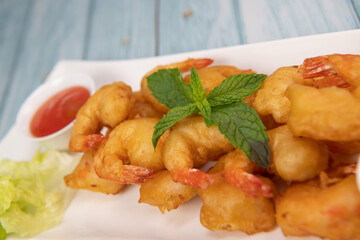 Recipe for shrimp fritters in sweet and sour sauce, High quality photo