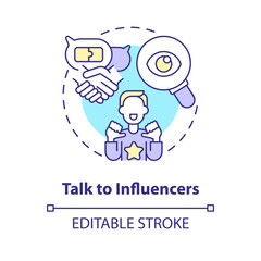 Talk to influencers concept icon. Content creator. Digital event. Industry meeting. Social media. Marketing strategy abstract idea thin line illustration. Isolated outline drawing. Editable stroke
