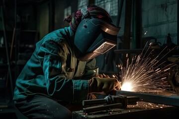 Industrial worker with protective mask welding steel structure in a factory