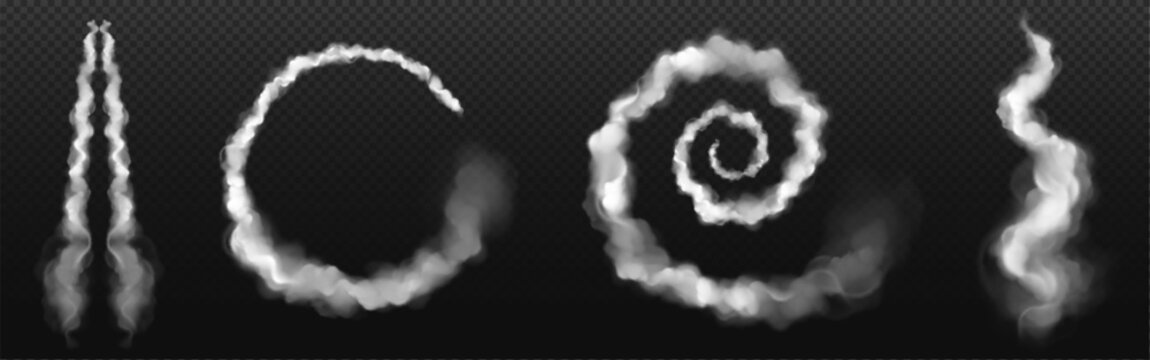 Spiral plane jet condensation trail smoke isolated vector effect. Airplane or rocket white cloud contrail in swirl stream sky. Straight burst steam flow smoky illustration set. Takeoff speed spray