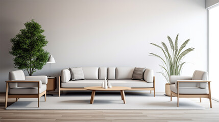 a white and wooden room with white couch and chair, in the style of modern urban, commission for, modern , shallow depth of field to emphasize the subject, taken using a Canon EOS R camera with
