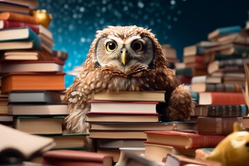 A wise owl bird on the books heap in a  library.AI generated.