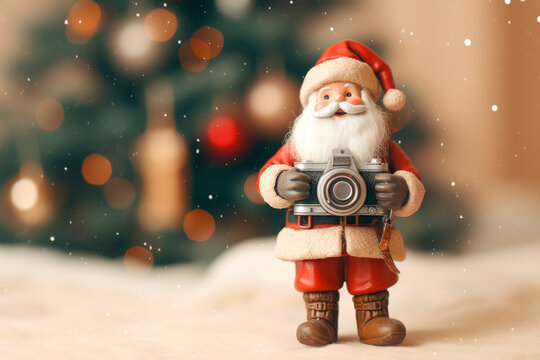 Funny Santa Claus holds an old Vintage camera in hands.AI generated.