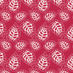Viva magenta pattern and white of monstera tropical leaves. Hand drawn doodle. Vector illustration