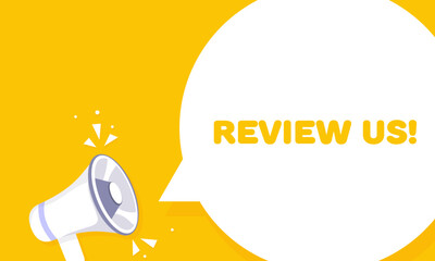 Review us. Flat, yellow, banner Review us. Vector illustration.