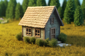 Charming old house on a green meadow with a wooden fence. Green field with small cozy wooden house. 3D model. Isolated. Vintage style. Vector Digital Illustration