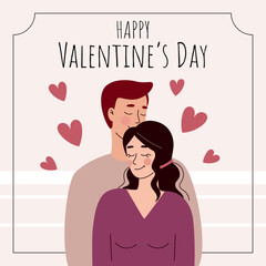 Greeting card for valentine's day. Loving couple in flat cartoon style. Vector illustration. Beautiful man and woman in an embrace on a date