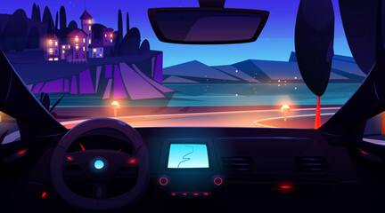 Night coast car ride to village island landscape. Sea view vector mediterranean cartoon background. Inside vehicle dashboard, wheel and navigation screen on way to distant coastal countryside scene. © klyaksun