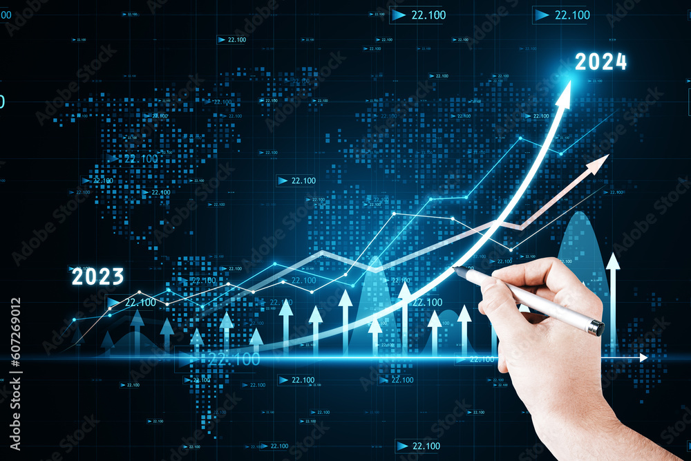 Poster 2023 and 2024 years investing and sale planning concept with businessman hand with pen working with 