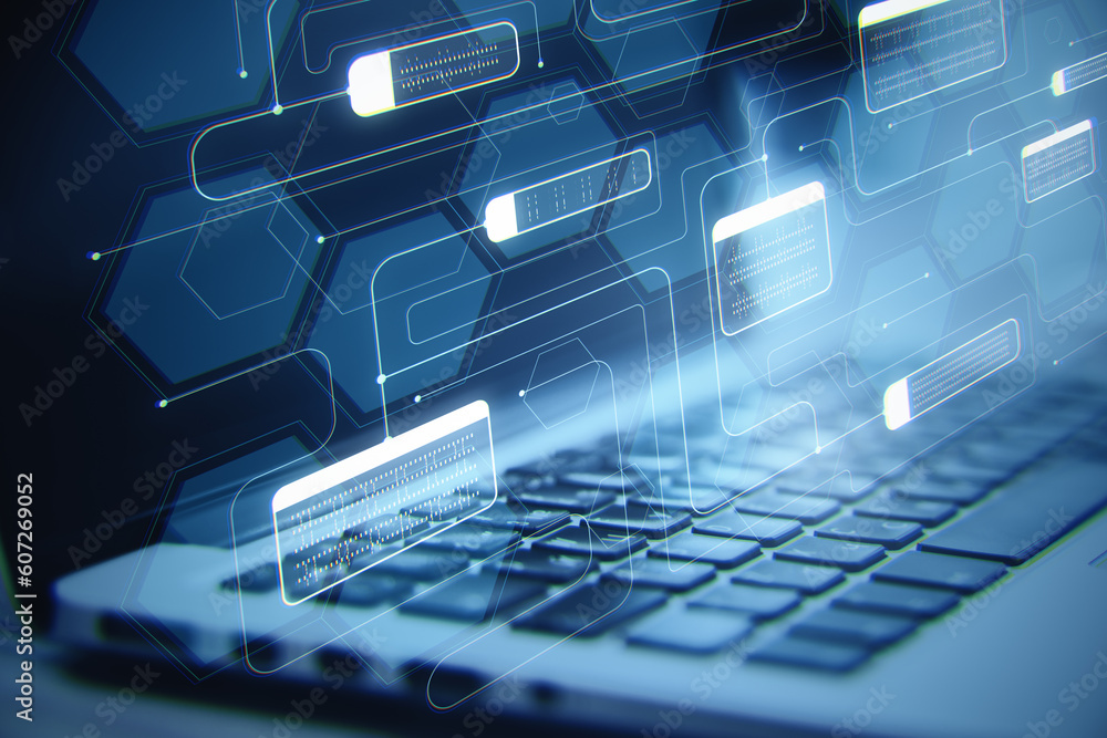 Aufkleber Software system technologies and research concept with digital connected node buttons on blurry background. Close up of laptop on desktop with mesh. Double exposure.