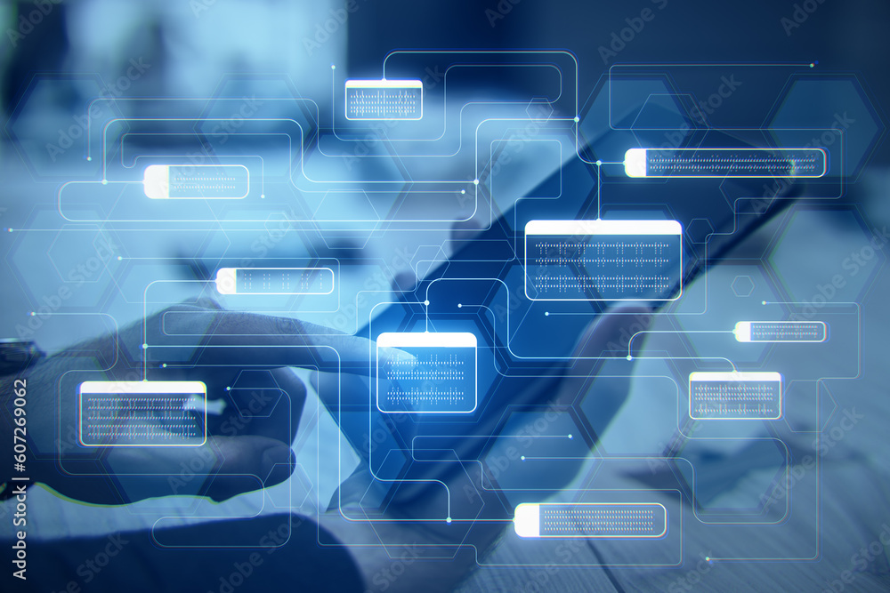 Aufkleber Software system technologies and research concept with digital connected node buttons on blurry background. Close up of male hand using pad with mesh. Double exposure.