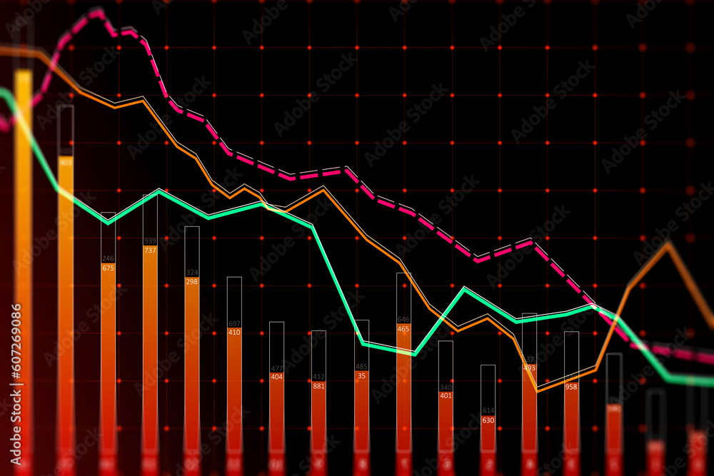 Poster downward red crisis chart grid on dark backdrop. recession and economic fall concept. 3d rendering.