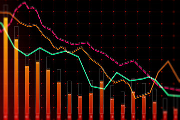 Downward red crisis chart grid on dark backdrop. Recession and economic fall concept. 3D Rendering.