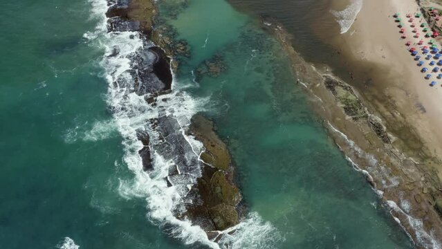 Tilt down aerial drone bird's eye top view shot of small waves crashing into a long rock on the famous tropical Sibauma beach creating natural ocean pools for swimming in Rio Grande do Norte, Brazil