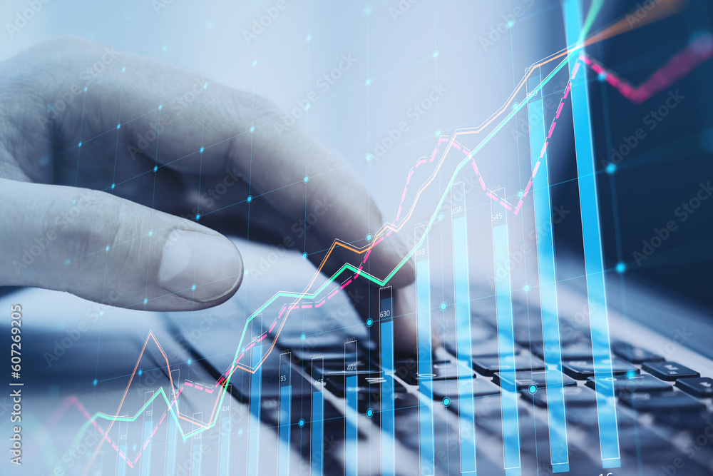 Poster close up of male hand using laptop keyboard with growing business chart grid on blurry background. c