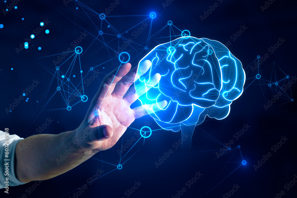 Poster innovations, creative idea and machine learning concept with man hand touching virtual digital human