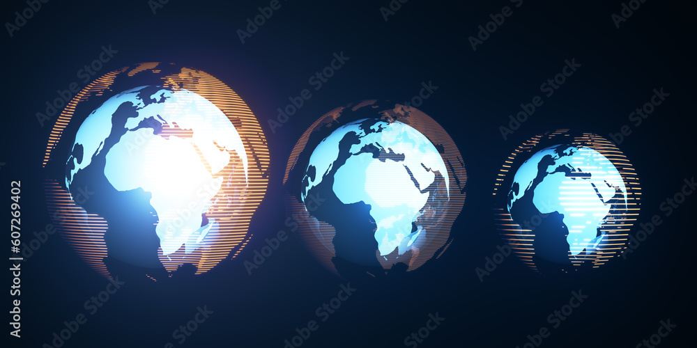 Poster abstract glowing digital blue globe hologram on dark backdrop. digital world, global hacking protect