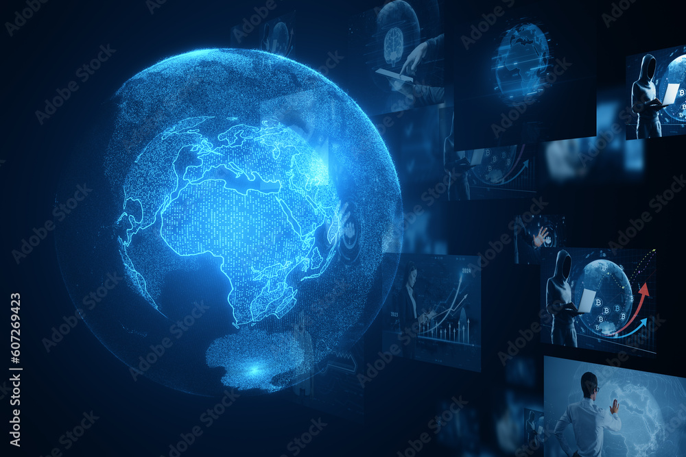 Poster creative glowing digital blue globe hologram on dark background. digital world, global hacking prote