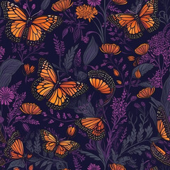 enchanting monarch butterflies will decorate your space with purple floral seamless design