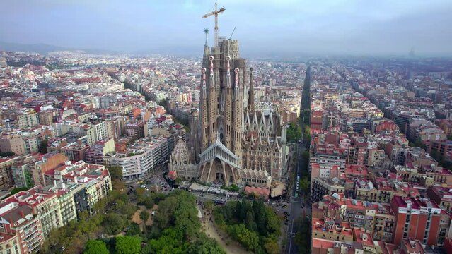 Aerial Drone Orbit Around Sagrada Familia, Cathedral in Barcelona. Version One.