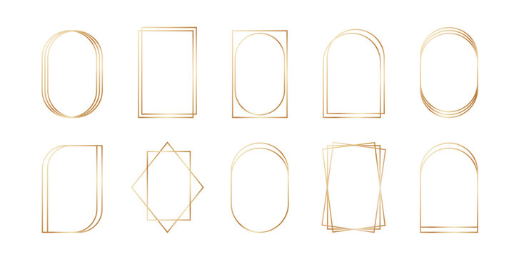 Golden geometric frames in art deco style. Luxury gold borders for for wedding invitation. Thin line oval and rectangle set for invitation decoration. Vector illustration isolated on white background.