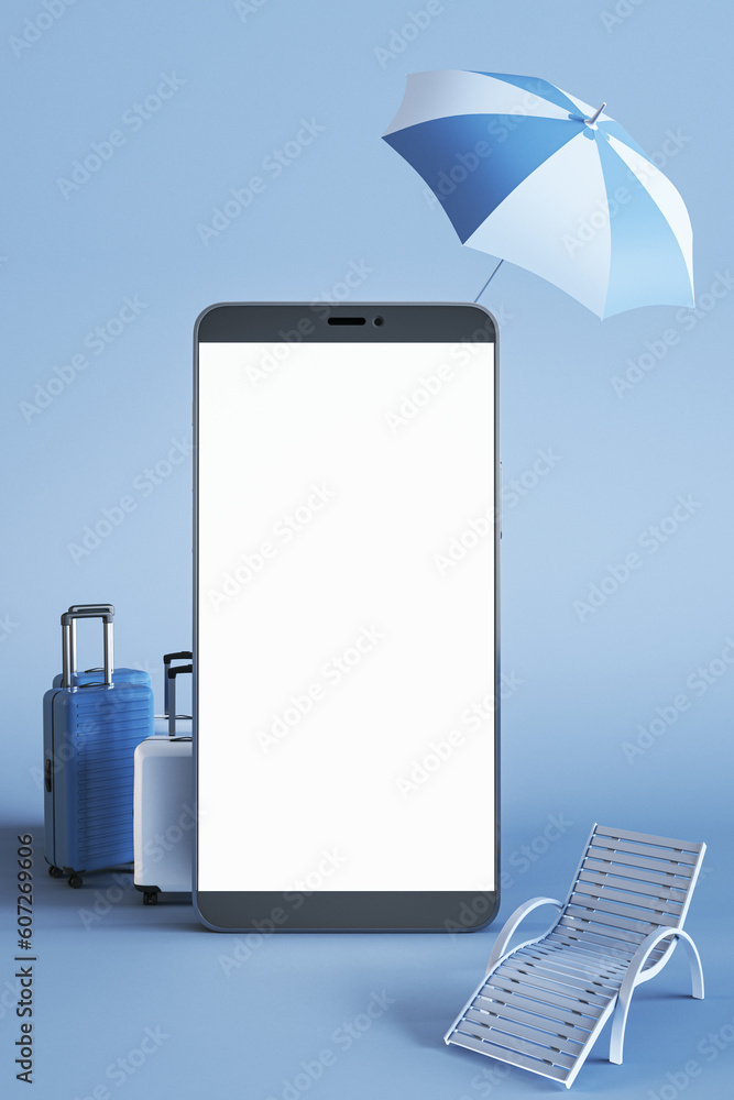 Poster summer holiday and tourism concept with perspective view on modern blank white cellphone screen for 