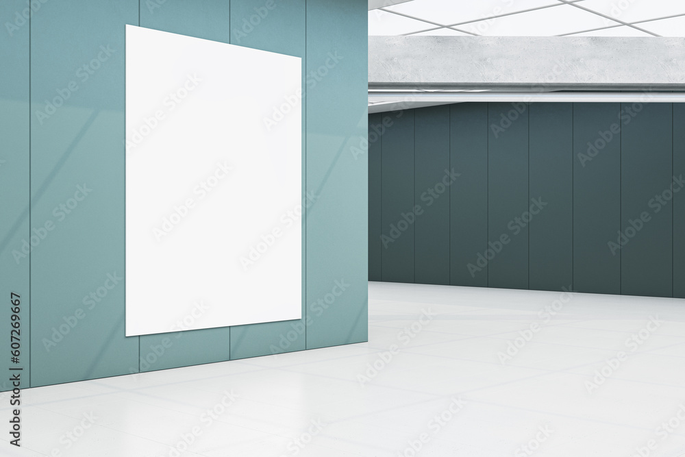 Aufkleber Modern spacious empty tile interior with empty white mock up poster on wall. 3D Rendering.