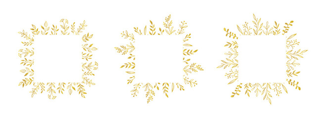 Gold floral square border set. Vector golden floral leaf wreath border. Wedding square frame design. Hand drawn rustic flourish elegant rectangle frame. Vector illustration