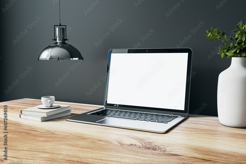 Aufkleber front view on blank white modern laptop screen with space for web design, web site or landing page o
