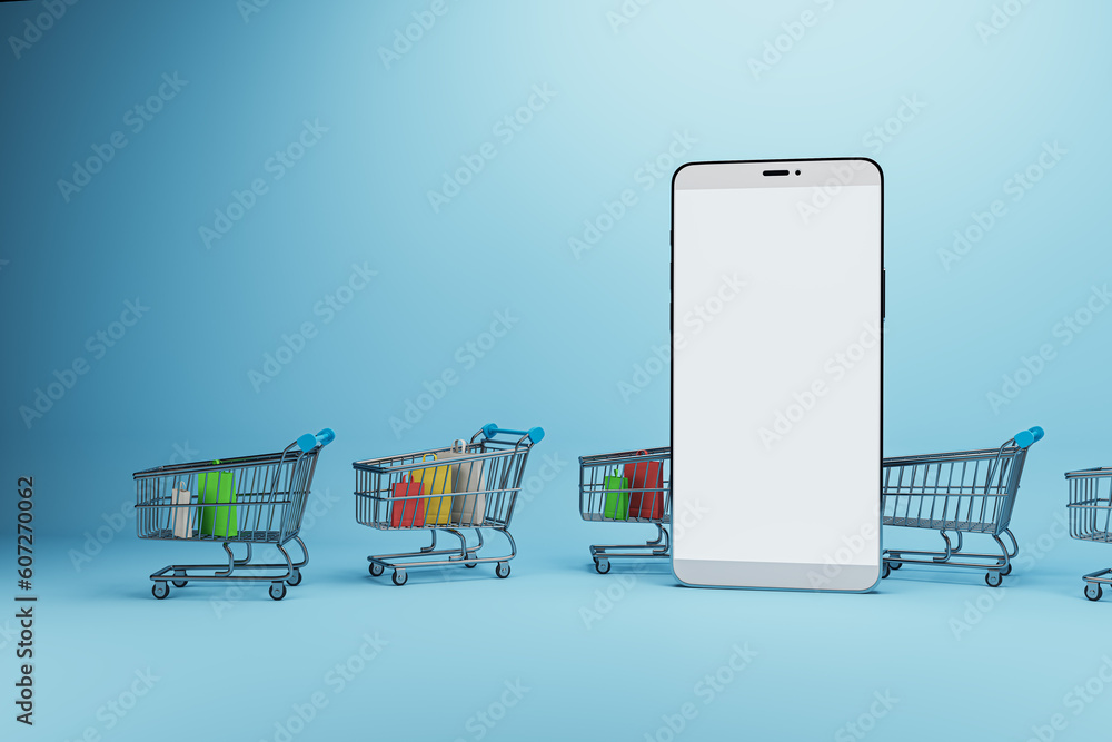Poster creative online shopping concept with trolleys and empty white mock up smartphone screen on blue bac