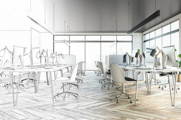 Sketch of modern coworking office interior with furniture, equipment and panoramic window with city view and daylight. 3D Rendering.