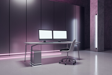 Futuristic pink interior with workplace and two empty white mock up computer monitors, reflections on floor. Hackers workspace concept. 3D Rendering.