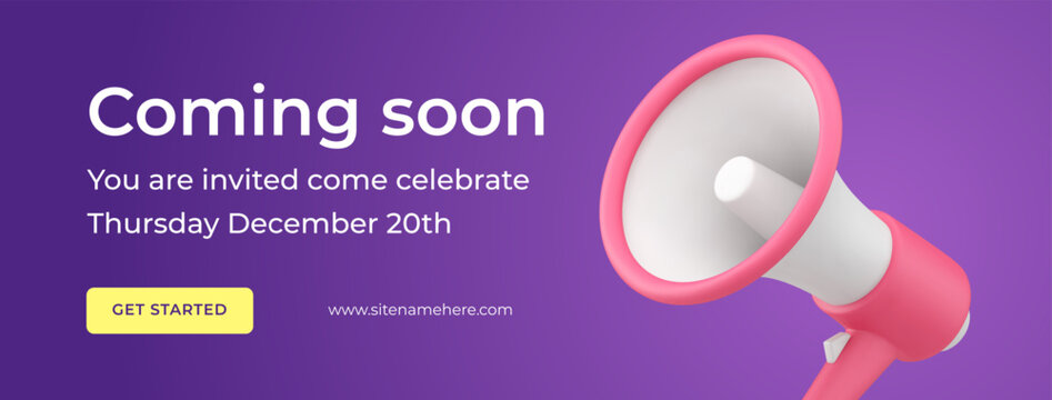 Coming soon public megaphone event business retail marketing social media banner 3d icon vector