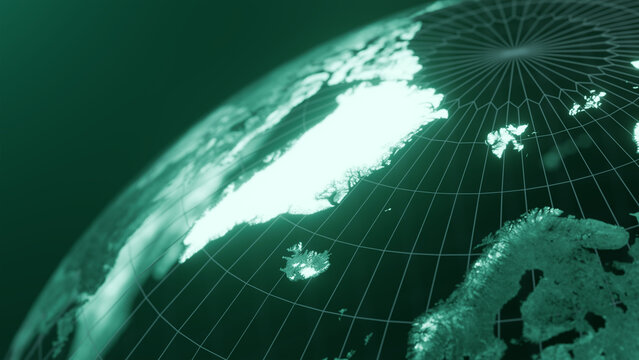 3D render of iceland globe map, Technology and Futuristic blue green line glowing Earth Background