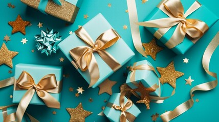 Gift boxes golden stars and ribbons Generative AI