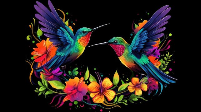 Animal silhouette hummingbird , t-shirt design. A beautiful colorful and wonderful creation. Isolated black background. Generative AI