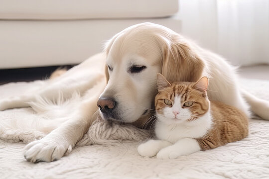 a cat and dog cuddling near a white carpet, in the style of golden palette