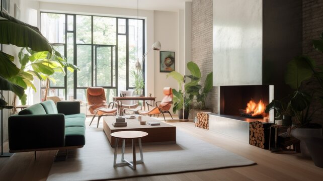 A modern loft large window living room interior design decorated with fireplace and potted plants. Generative AI AIG27.