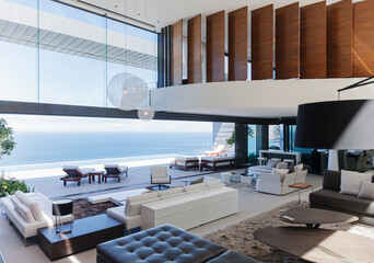 Modern living room overlooking ocean