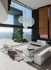 Modern living room overlooking ocean