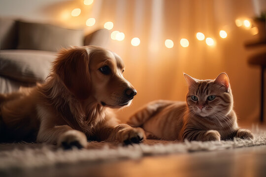 cute cat and dog on the sofa, in the style of light red and light amber