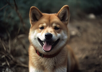 shiba dog in a collar standing in front of the camera, in the style of happycore