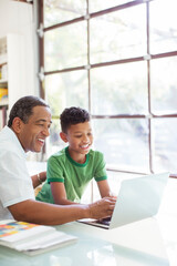 Grandfather and grandson using laptop