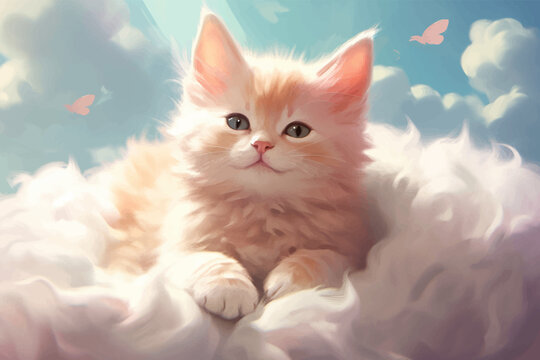 Super cute red little kitten is sitting on the clouds. Funny cat. Kitty. Fantasy Cartoon character in the sky. Fairy tale. Soft colors. 3d digital vector illustration for children